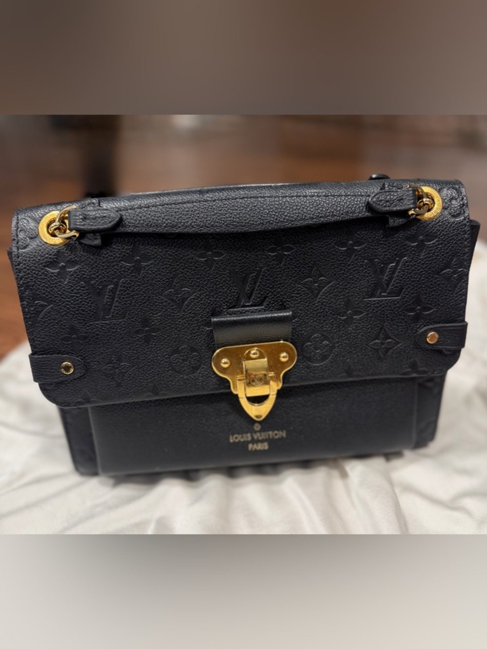 Louis Vuitton Black Monogram Embossed Satchel with Gold Hardware